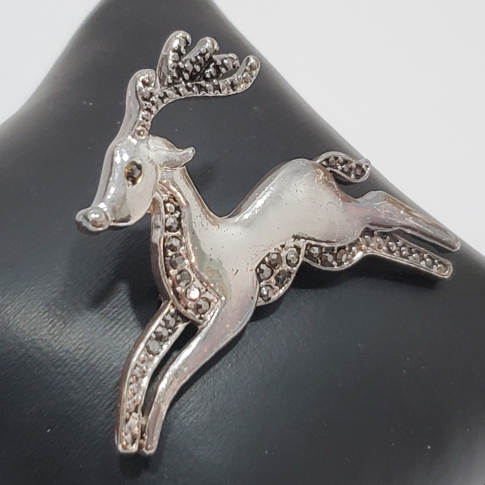Vintage Silver Tone Leaping Reindeer Pin‎ Brooch W/ Rhinestones Christmas 2"